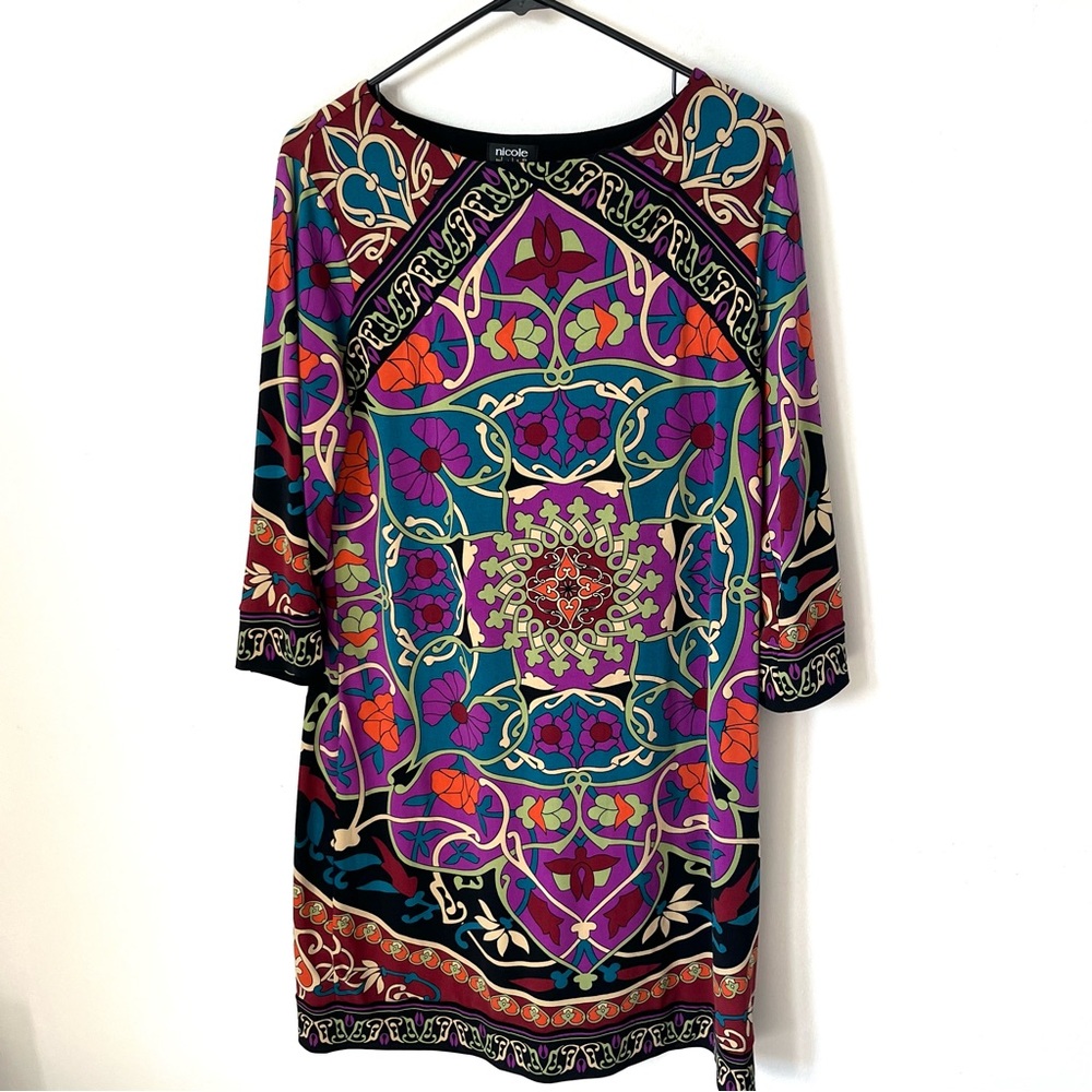 Nicole Miller Mod Shift Dress Purple Black Multi Geometric Print Retro Size 12